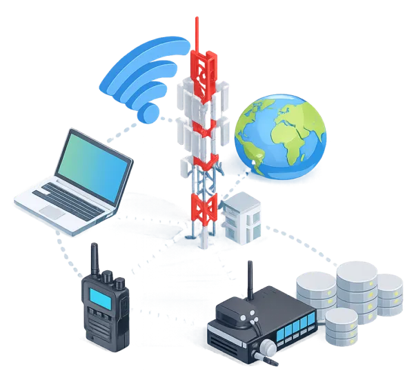 PoC PTT technológiai diagram - adóvevők, mobilhálózat, felhő szerver